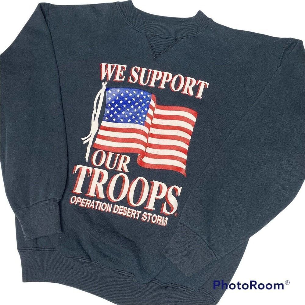 Vintage Desert Strom Sweatshirt We Support Our Troops Black Crew Neck Medium USA